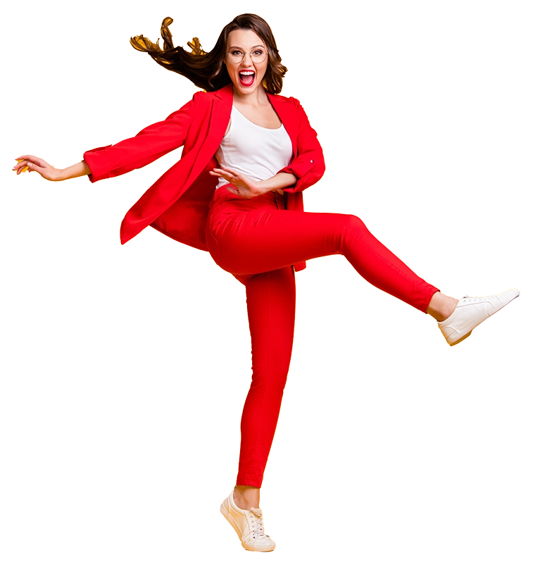 Full length photo of pretty classy girl dance open mouth wear red suit jacket trousers sneakers eyewear